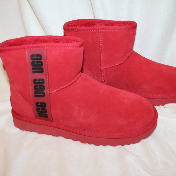 NIB UGG WOMEN'S LOGO MINI ANKLE SUEDE SHEARLING LINED BOOTS RED BLACK - Picture 3 of 8